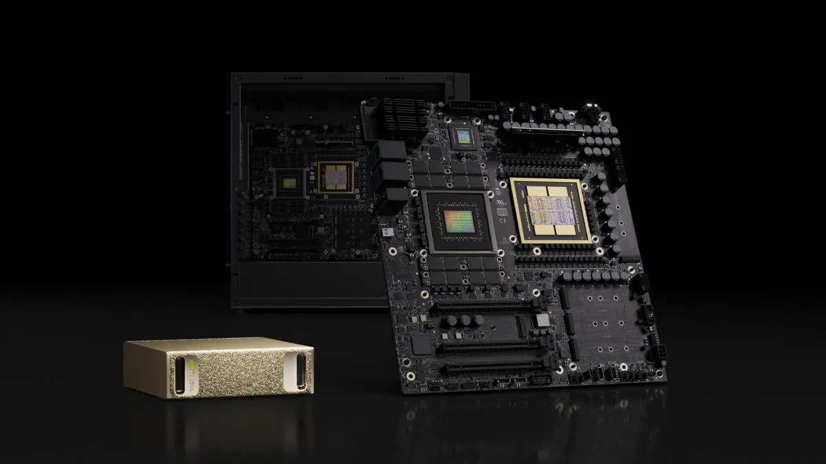 NVIDIA GB10 Grace-Blackwell superchip board beside the DGX Spark chassis